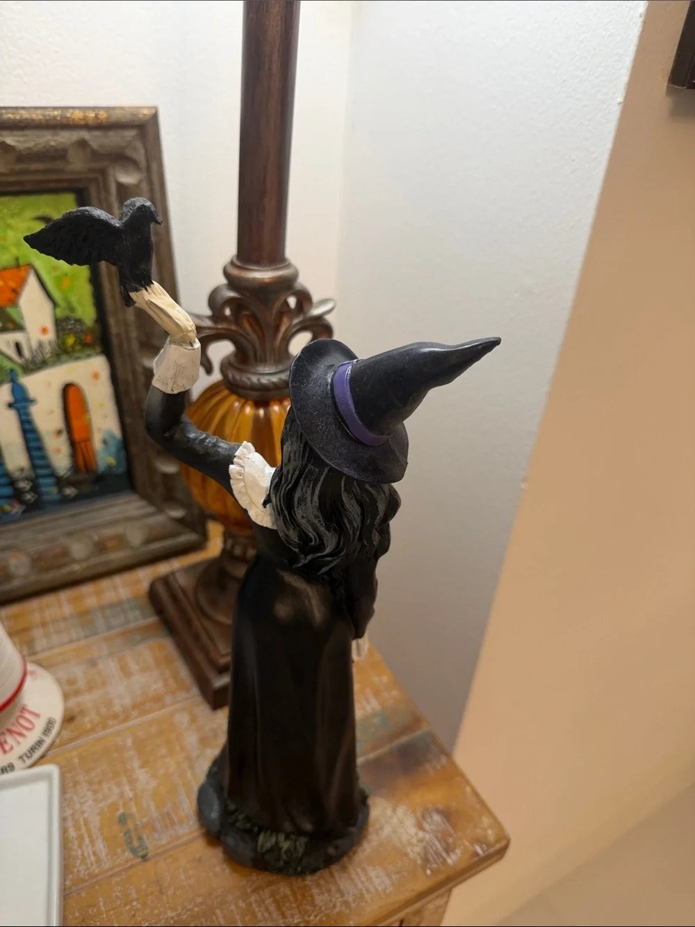 Halloween Witch Figurine with Raven - Black & Cream Accents